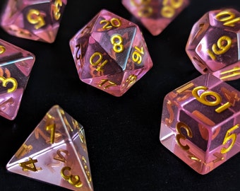 Ethereal Love - Honed Edge "Sharp-ish" Dice Set of 7 DnD Dice - Valentine's Day Pink/Gold Dice for Dungeons & Dragons by Wooden Golem