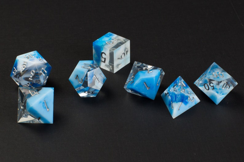 Captured Sky Sharp Handmade Dice Clear/Blue/White Resin Cast Dice Set of 7 DnD Dice Dice for Dungeons & Dragons by Wooden Golem image 4