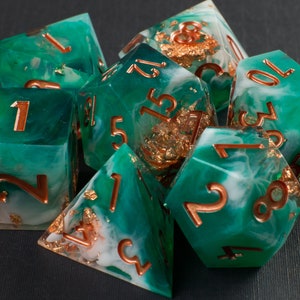 Shipwrecked Handmade Sharp Dice Teal/White/Clear Resin Cast Dice Set of 7 DnD Dice Dice for Dungeons & Dragons by Wooden Golem image 9