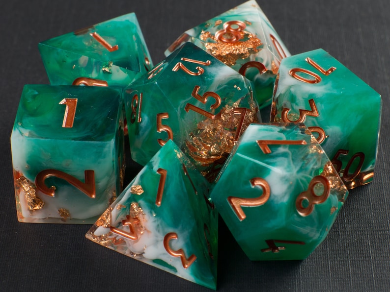 Shipwrecked Handmade Sharp Dice Teal/White/Clear Resin Cast Dice Set of 7 DnD Dice Dice for Dungeons & Dragons by Wooden Golem image 9