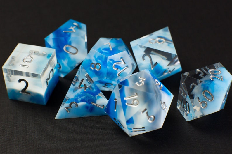 Captured Sky Sharp Handmade Dice Clear/Blue/White Resin Cast Dice Set of 7 DnD Dice Dice for Dungeons & Dragons by Wooden Golem image 1