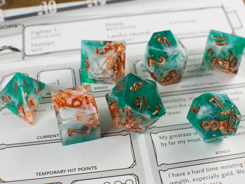 Shipwrecked Handmade Sharp Dice Teal/White/Clear Resin Cast Dice Set of 7 DnD Dice Dice for Dungeons & Dragons by Wooden Golem image 7