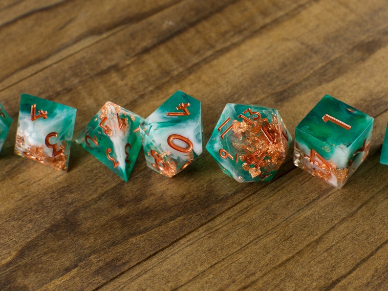 Shipwrecked Handmade Sharp Dice Teal/White/Clear Resin Cast Dice Set of 7 DnD Dice Dice for Dungeons & Dragons by Wooden Golem image 8