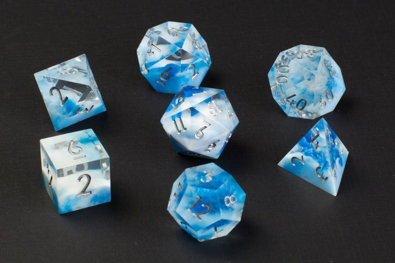 Captured Sky Sharp Handmade Dice Clear/Blue/White Resin Cast Dice Set of 7 DnD Dice Dice for Dungeons & Dragons by Wooden Golem image 3