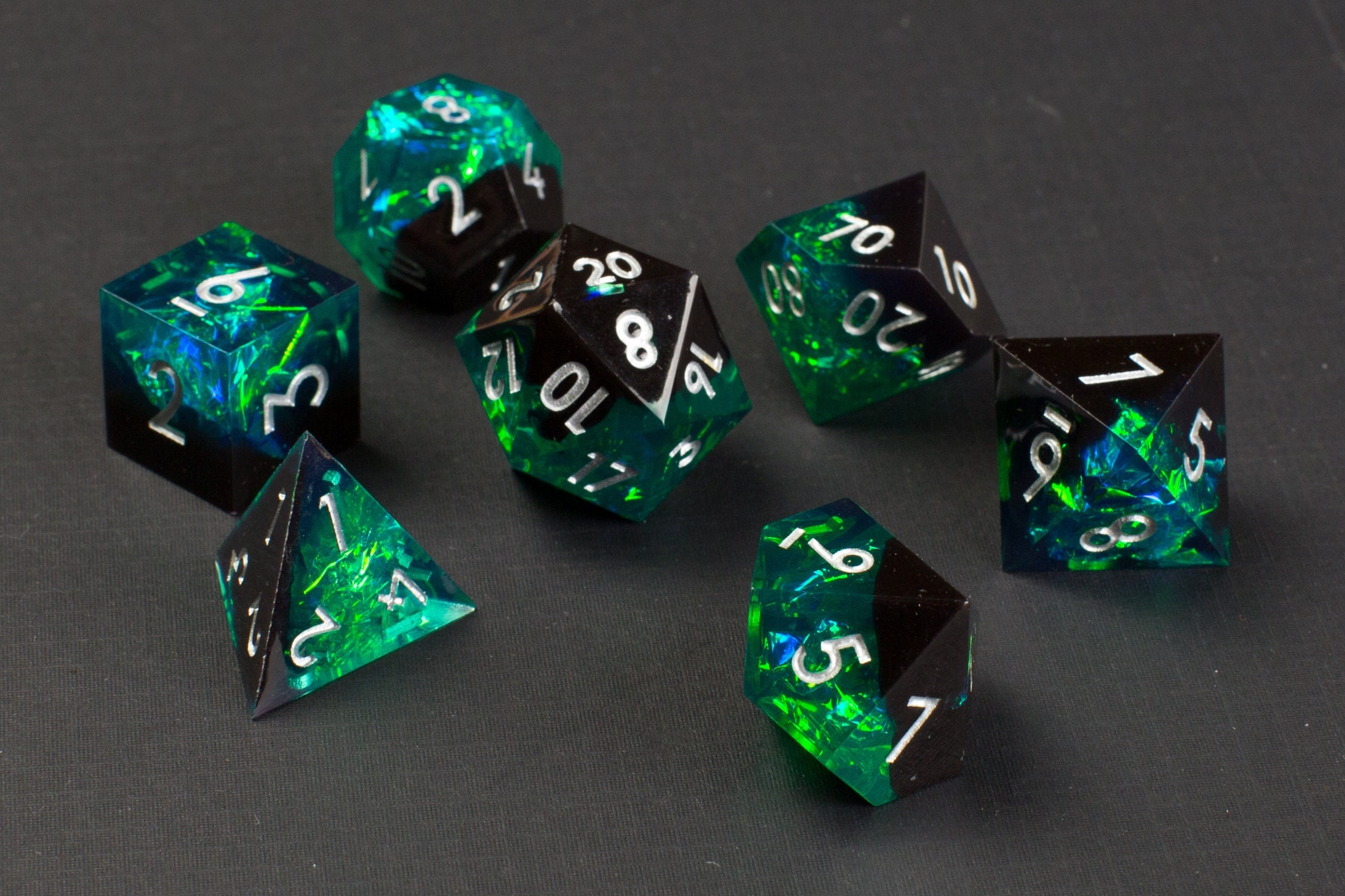 Dark Emerald Handmade Sharp Dice - Green/Black Resin Cast Dice Set of 7 DnD Dice - Precision Dice for Dungeons & Dragons by Wooden Golem