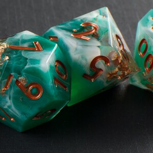 Shipwrecked Handmade Sharp Dice Teal/White/Clear Resin Cast Dice Set of 7 DnD Dice Dice for Dungeons & Dragons by Wooden Golem image 6