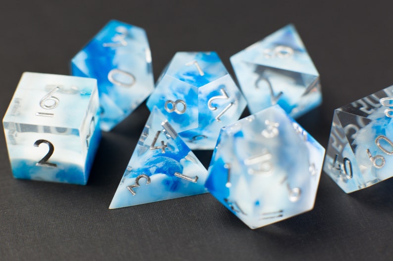 Captured Sky Sharp Handmade Dice Clear/Blue/White Resin Cast Dice Set of 7 DnD Dice Dice for Dungeons & Dragons by Wooden Golem image 6