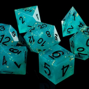 Blue Lagoon Handmade Sharp Dice - Teal/Clear Resin Cast Dice Set of 7 DnD Dice - Dice for Dungeons & Dragons by Wooden Golem