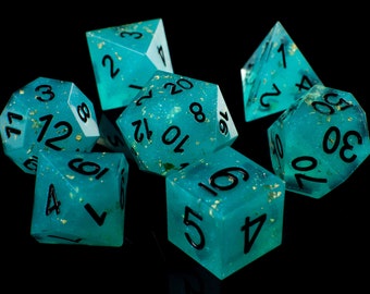 Blue Lagoon Handmade Sharp Dice - Teal/Clear Resin Cast Dice Set of 7 DnD Dice - Dice for Dungeons & Dragons by Wooden Golem