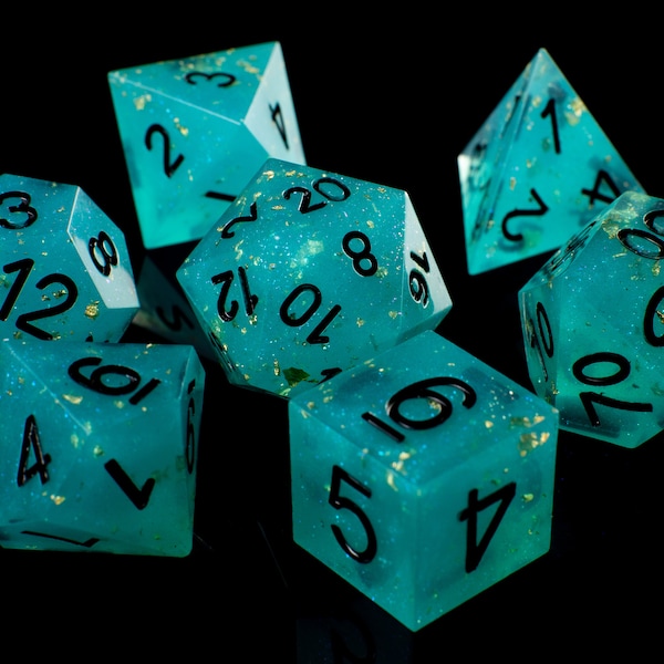 Blue Lagoon Handmade Sharp Dice - Teal/Clear Resin Cast Dice Set of 7 DnD Dice - Dice for Dungeons & Dragons by Wooden Golem