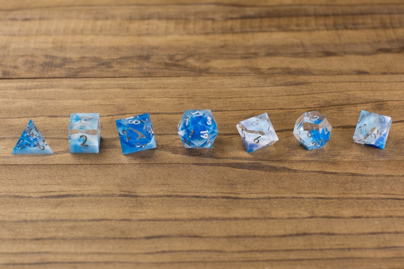 Captured Sky Sharp Handmade Dice Clear/Blue/White Resin Cast Dice Set of 7 DnD Dice Dice for Dungeons & Dragons by Wooden Golem image 8