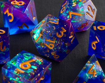 Alchemist's Fire Handmade Sharp Dice - Blue/Purple Color in Clear Resin Cast Dice Set of 7 DnD Dice - Dice for Dungeons & Dragons