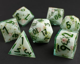 Elven Grove Dice Set - Handmade Layered Resin D&D Dice - Green Flower Design - RPG Dungeons and Dragons Dice