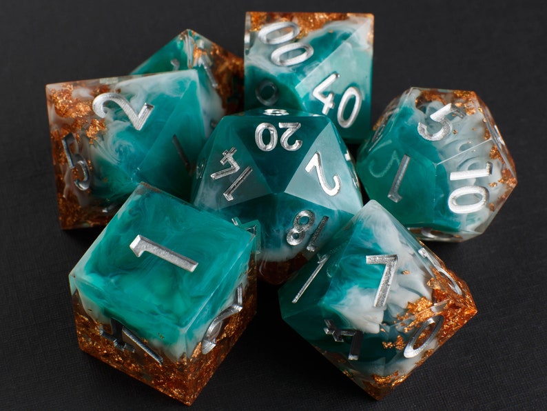 Shipwrecked Handmade Sharp Dice Teal/White/Clear Resin Cast Dice Set of 7 DnD Dice Dice for Dungeons & Dragons by Wooden Golem Silver