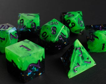 Toxic Tincture Dice Set - Handmade Sharp Resin Dice with Green Poison Theme - D&D Dice, RPG Accessories, Unique Dice Gift, Rogue Dice