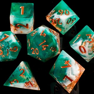 Shipwrecked Handmade Sharp Dice Teal/White/Clear Resin Cast Dice Set of 7 DnD Dice Dice for Dungeons & Dragons by Wooden Golem Rose Gold