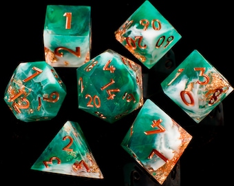 Shipwrecked Handmade Sharp Dice - Teal/White/Clear Resin Cast Dice Set of 7 DnD Dice - Dice for Dungeons & Dragons by Wooden Golem