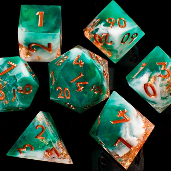 Shipwrecked Handmade Sharp Dice - Teal/White/Clear Resin Cast Dice Set of 7 DnD Dice - Dice for Dungeons & Dragons by Wooden Golem