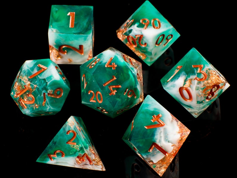 Shipwrecked Handmade Sharp Dice Teal/White/Clear Resin Cast Dice Set of 7 DnD Dice Dice for Dungeons & Dragons by Wooden Golem Rose Gold