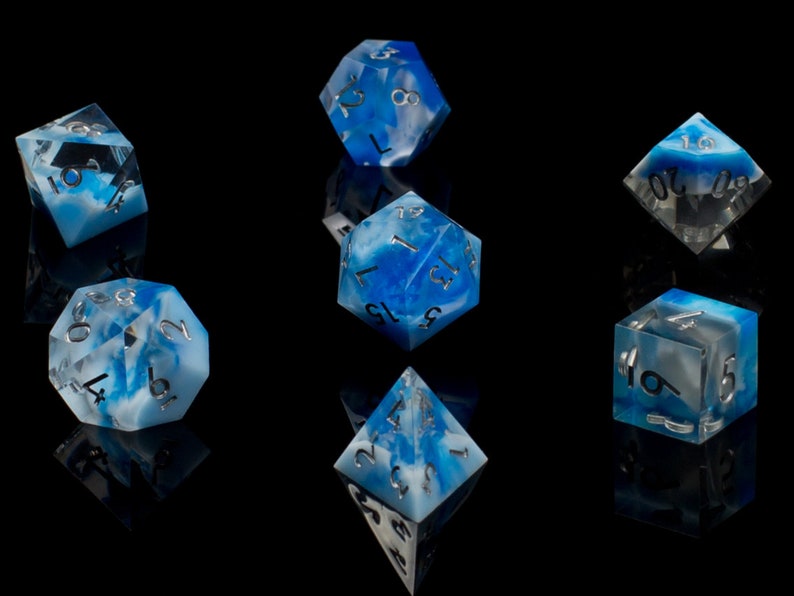 Captured Sky Sharp Handmade Dice Clear/Blue/White Resin Cast Dice Set of 7 DnD Dice Dice for Dungeons & Dragons by Wooden Golem image 2