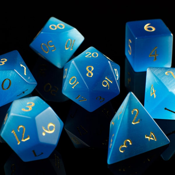Blue Opal Cat's Eye Gemstone Dice - Dice Set of 7 for DnD - Dice for Dungeons & Dragons by Wooden Golem