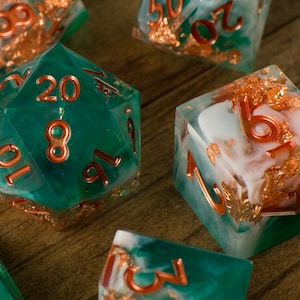 Shipwrecked Handmade Sharp Dice Teal/White/Clear Resin Cast Dice Set of 7 DnD Dice Dice for Dungeons & Dragons by Wooden Golem image 5