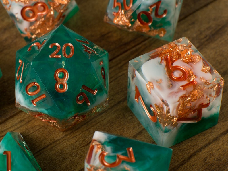 Shipwrecked Handmade Sharp Dice Teal/White/Clear Resin Cast Dice Set of 7 DnD Dice Dice for Dungeons & Dragons by Wooden Golem image 5