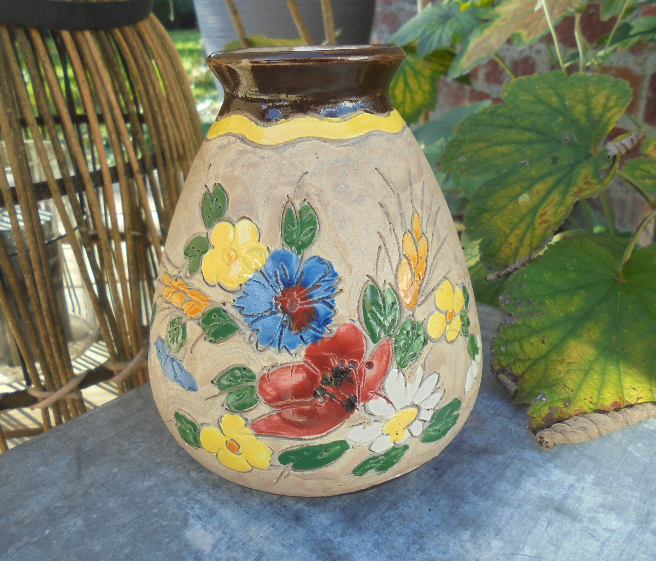 Vase Massier Vallauris - Petit Vase Décor Floral Signé J. Vintage 40S