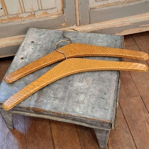Può includere: Due grucce per vestiti in stile vintage con un motivo strutturato simile alla pelle di serpente in una calda tonalità giallo dorato. Ogni gruccia ha un design curvo e un gancio color ottone. Le grucce sono appoggiate su una piccola superficie metallica usurata.