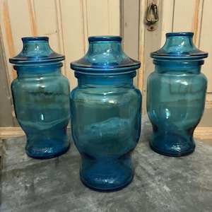 Set of 3 Vintage Turquoise Blue Glass Jars – "Lever" Made in Belgium