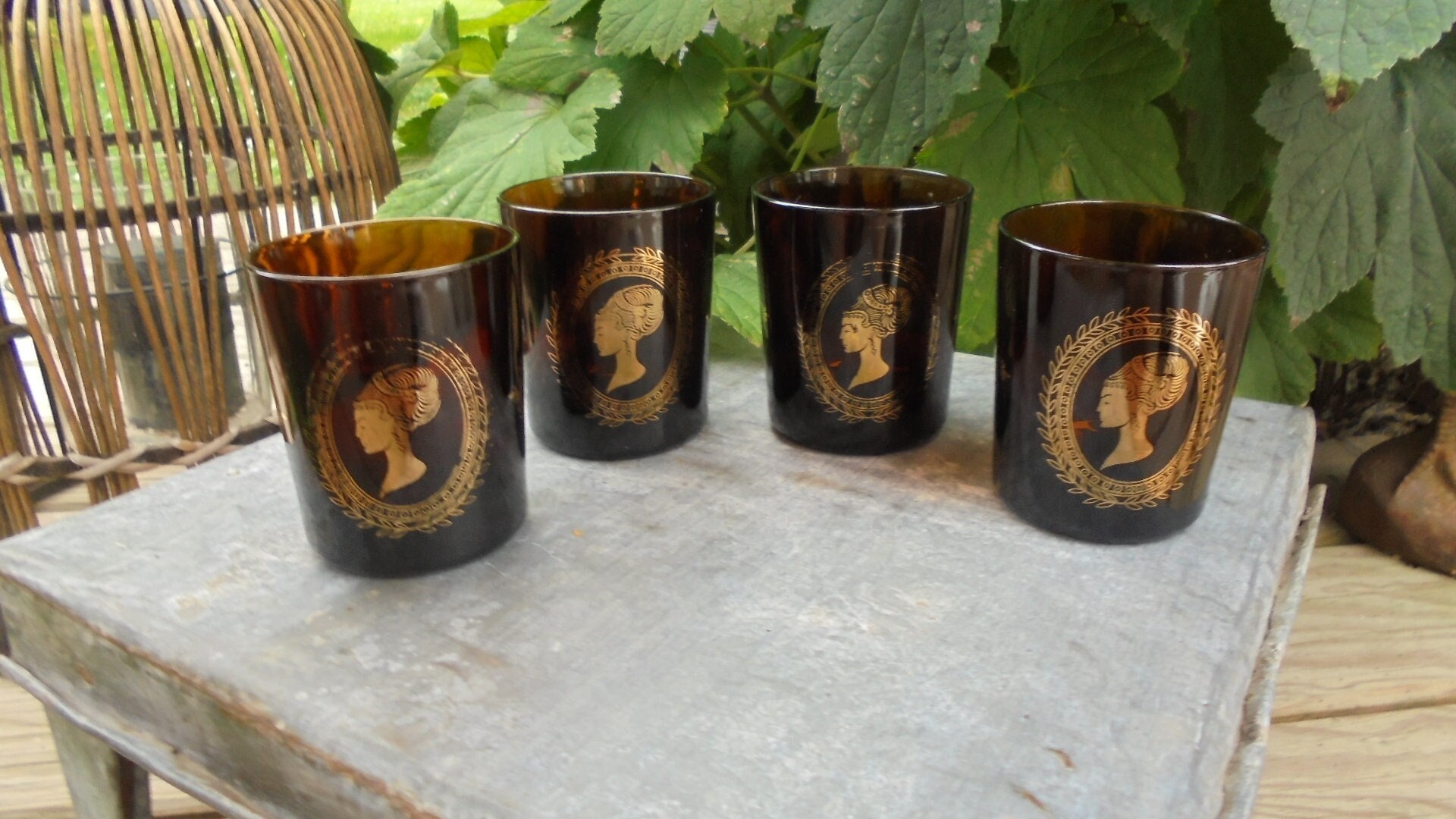 Verres Ambre Médaillon Doré - 4 Verres Élégants France