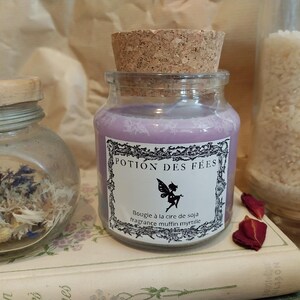 May include: A small glass jar with a cork stopper, filled with a lavender-colored candle. The label reads "POTION DES FÉES" with a fairy illustration. The candle sits on a book, with other jars in the background.
