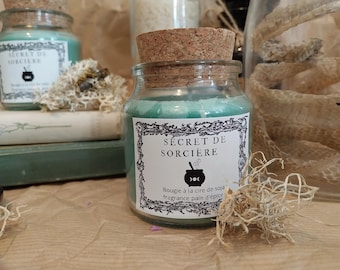 May include: A teal-colored candle in a glass jar with a cork lid. The label reads "SECRET DE SORCIÈRE" with a cauldron illustration. The candle is surrounded by dried moss and sits on a light brown surface. The candle is a soy wax candle with a gingerbread fragrance.