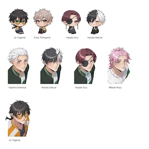 May include: A collection of anime-style character illustrations. The image features chibi-style figures and portraits with various hairstyles and eye colors. Text labels identify each character by name.