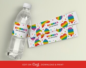 Pop It Editable Water Bottle Label Birthday Party Fidget Pop Toy Rainbow Deco Popit Bubble Labels Colorful Pop On Over! 005 CORJL Template