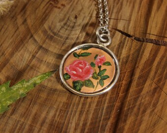 Hand-painted pink rose pendant - Silver rose design necklace