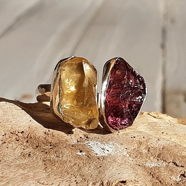 Bague argent, citrine et améthyste.