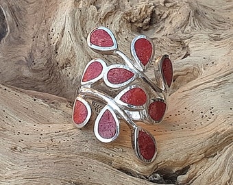 Bague argent 925 feuilles rouges, 2 tailles.