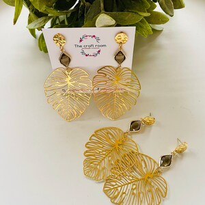 leaf earrings, golden leaf earrings, large leaf earrings, boho earrings