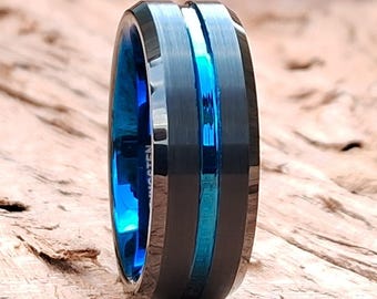 Blue Tungsten Wedding Band: Matte Black Ring, 8mm