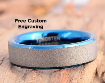 6mm Frosted Tungsten Carbide Rings Blue Women Matte Ring Wedding Bands Anniversary Ring