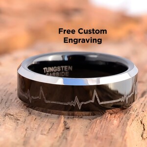 8mm Men Women Cardiogram Design Tungsten Ring, Heart Beat Ring Couple Wedding Band Wedding Ring Anniversary Ring