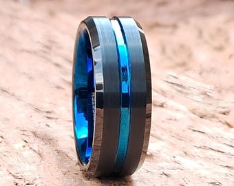 Blue Tungsten Wedding Band: Matte Black Ring, 8mm
