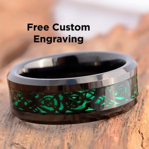 8 mm schwarzer Wolframring, Verlobungsring für Männer, grüner keltischer Drachen-Inlay-Ring, Eheringe, Jubiläumsring für Männer, Ehering.