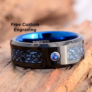 8mm Black Tungsten Ring: Blue Celtic Dragon Inlay Wedding Band