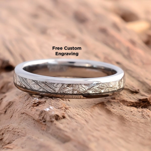 Meteoriet wolfraam trouwring, 4 mm zilveren wolfraam ring, geen beplating, dames heren ring, meteoriet inleg, comfort fit, gepolijst, halve koepel