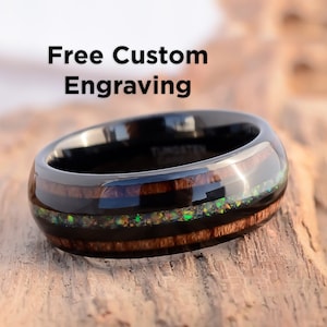 8mm KOA Wood Black Tungsten Ring Wedding Band Men High Polish Real Hawaiian koa Wood Wedding Ring Galaxy Opal Ring