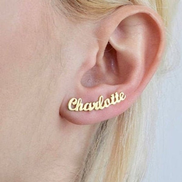 Boucles d'oreilles personnalisées avec nom en or 24 carats Boucle d'oreille personnalisée pour femme, cadeau pour la fête des mères, cadeau pour fille