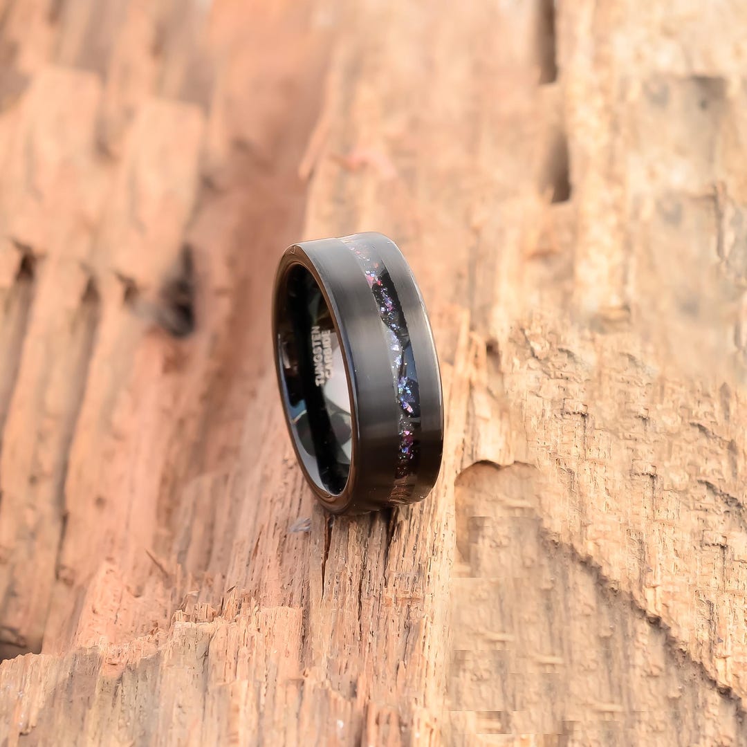 Daesar Bague Homme Acier Inoxydable Météorite Bleue 8MM - Anneau Mariage Noir Bleu Gravé
