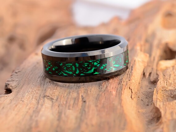Celtic Green Tungsten Mens Wedding Bands 8mm Black Tungsten Ring